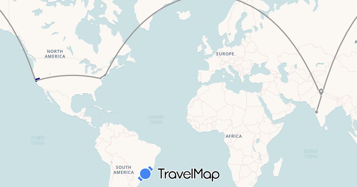 TravelMap itinerary: driving, plane in India, United States (Asia, North America)